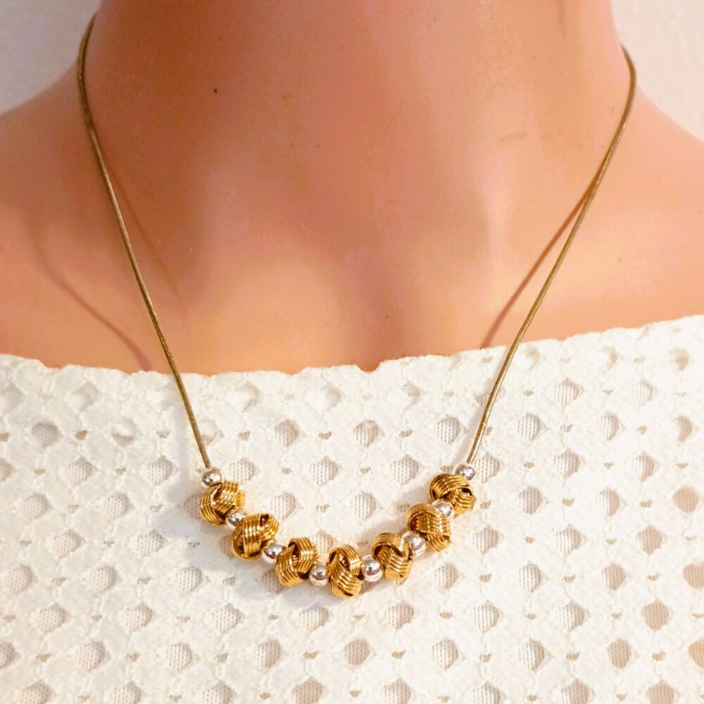 Ribbed Love Knot Slider Necklace 17" Gold Tone Silver Tone Balls & Chain Jewelry